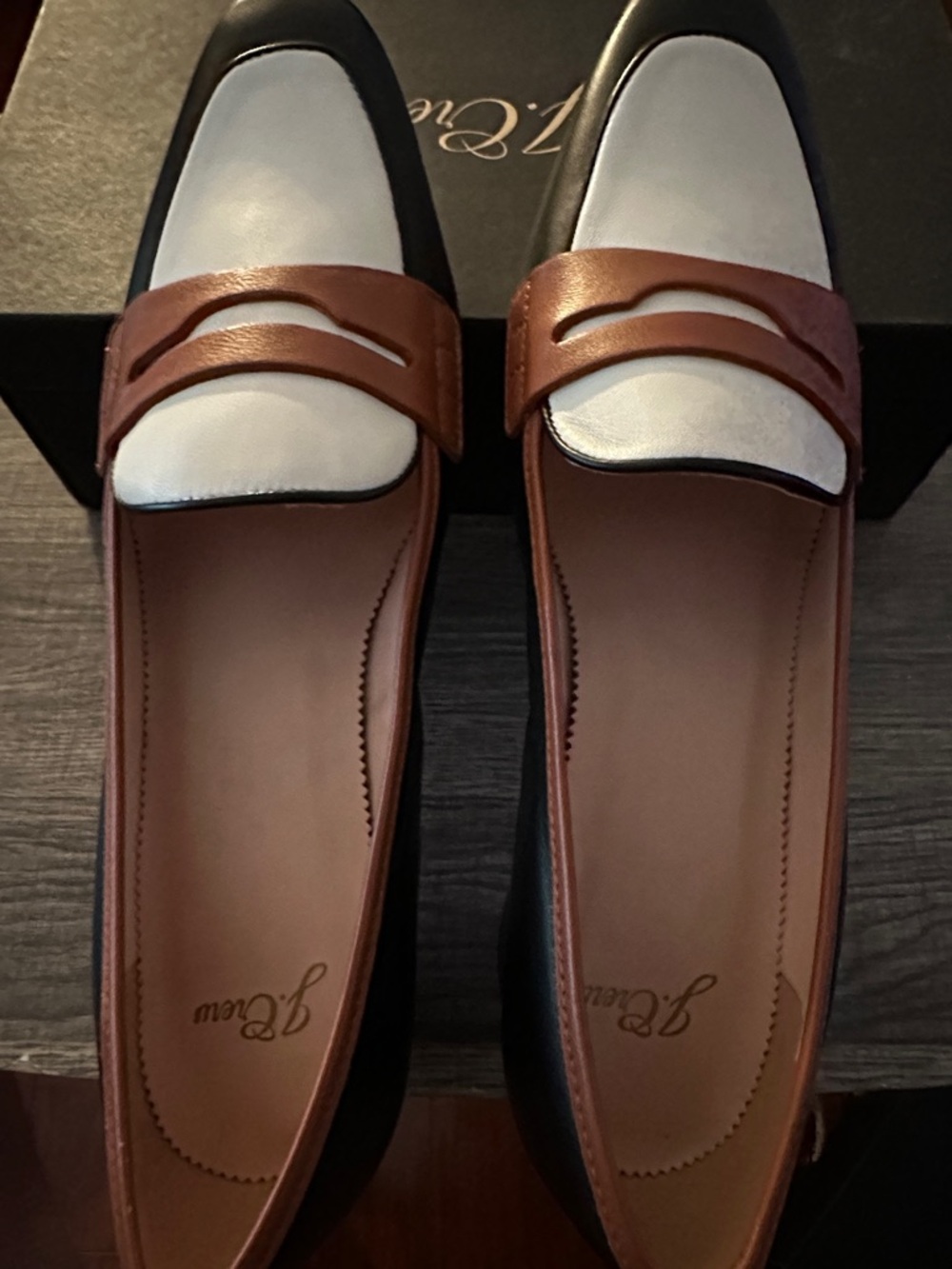 J. Crew Three-Tone Penny Loafers in Brown, Black & White with a block heel
